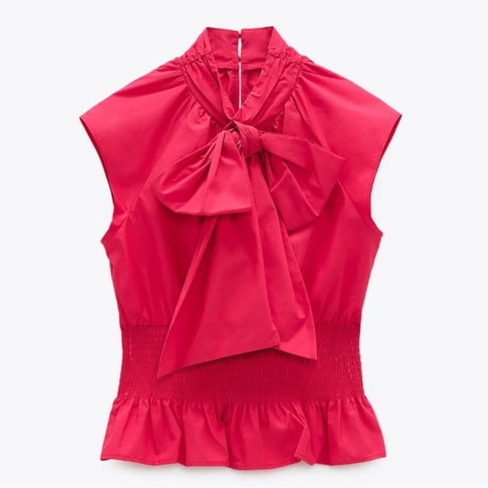 NWOT Zara 100% cotton pink sleeveless office siren bow blouse top shirt medium